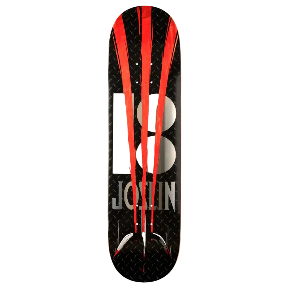 Skateboard deck with red and white design on a black background