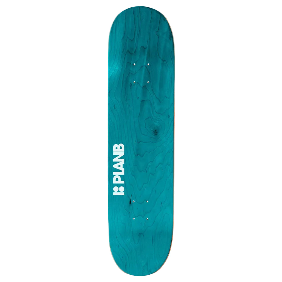 Teal skateboard deck with 'Pianb' logo on a white background