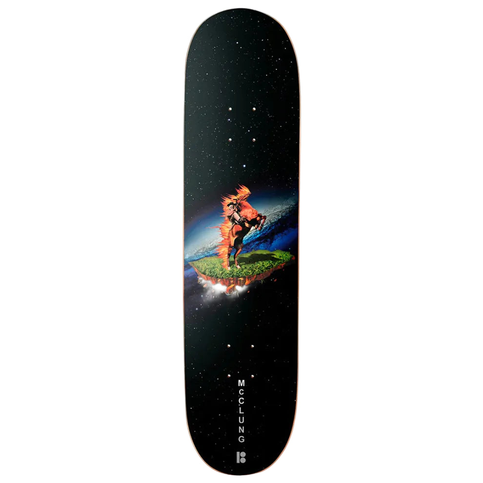 Skateboard deck with a graphic of a person on fire over Earth against a starry night sky.
