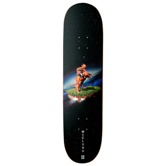 Skateboard deck with a graphic of a person on fire over Earth against a starry night sky.