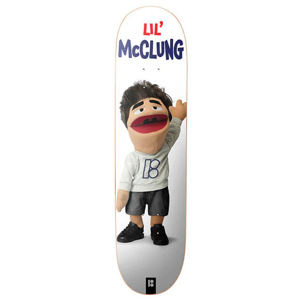 Skateboard deck with a character design and 'Lil' McClung' text on a white background