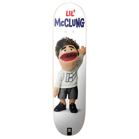 Skateboard deck with a character design and 'Lil' McClung' text on a white background