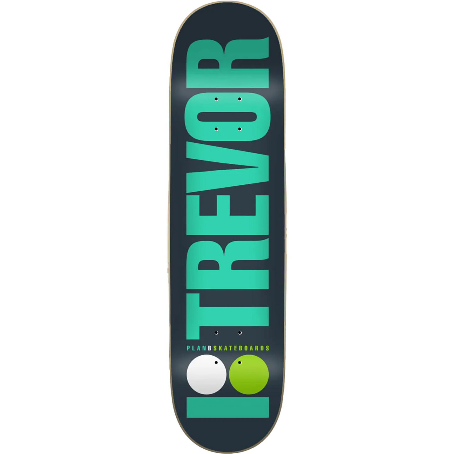 Skateboard deck with 'TREVOR' printed in green on a black background