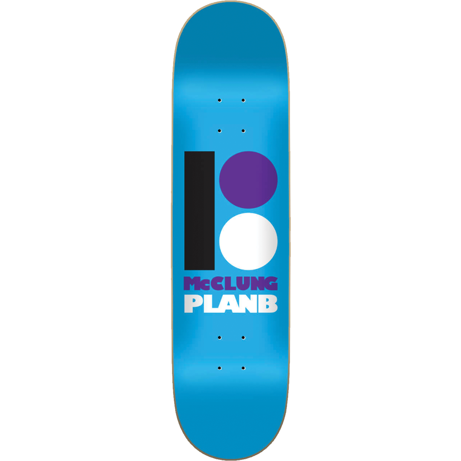 Blue skateboard deck with colorful design and text on a white background