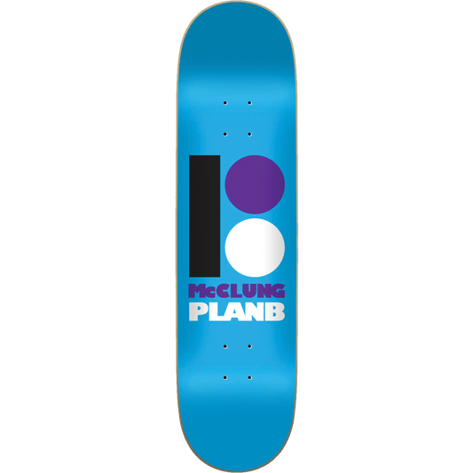 Blue skateboard deck with colorful design and text on a white background