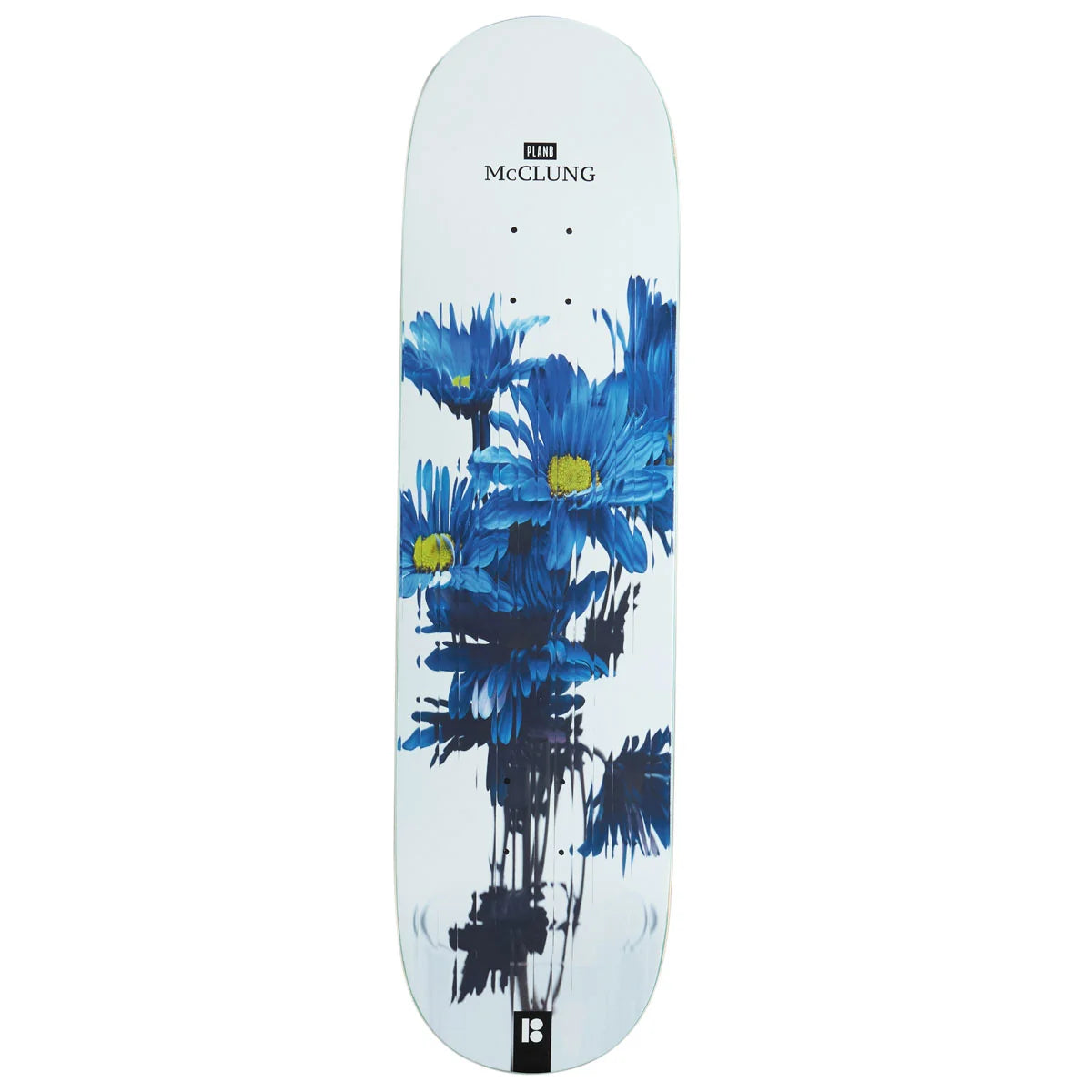 A Mcclung skateboard deck featuring a white background with a large blue floral graphic and black text at the top.