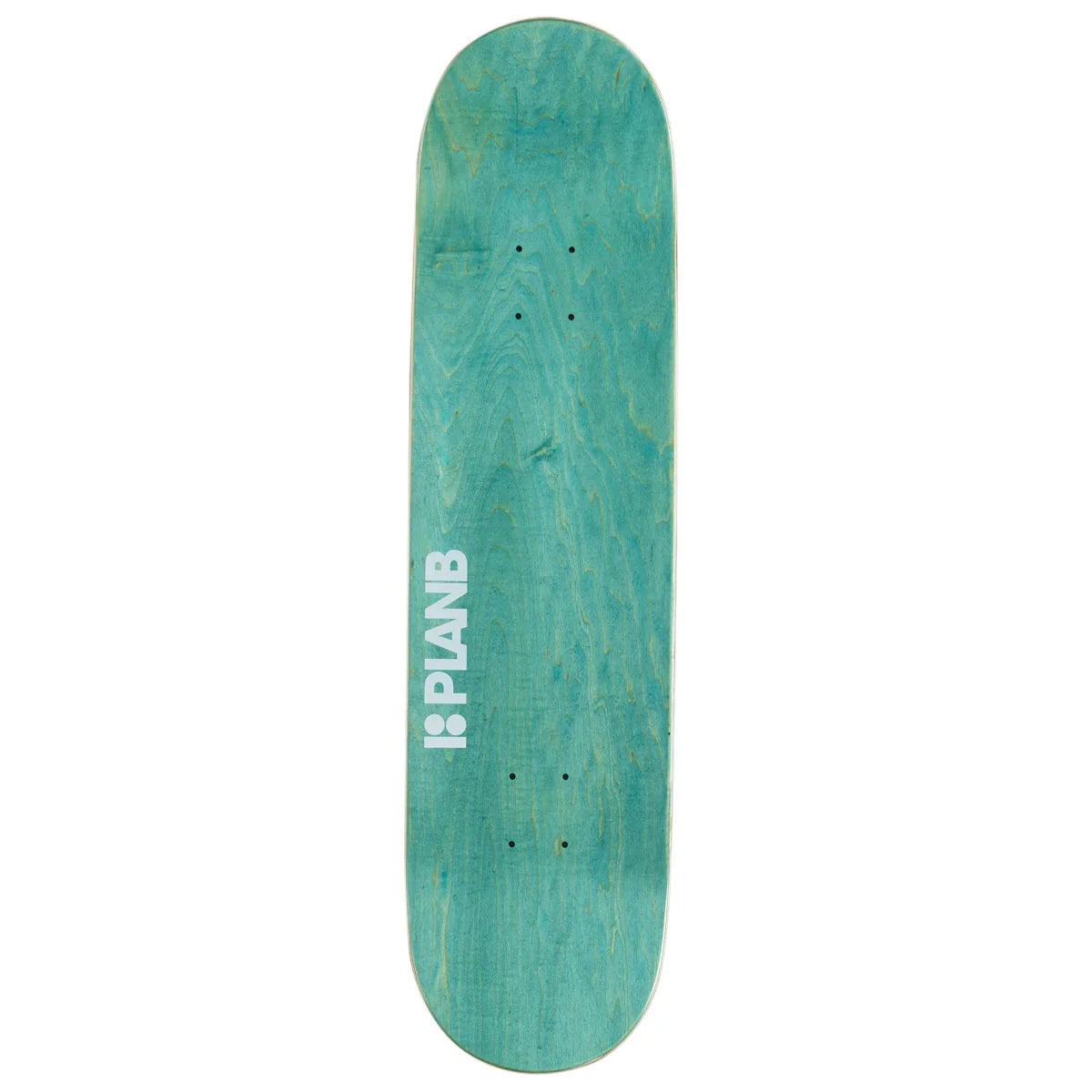 A teal green wooden skateboard deck with visible natural wood grain and the white 'PLANB' brand logo printed vertically on the side, shown against a plain white background.