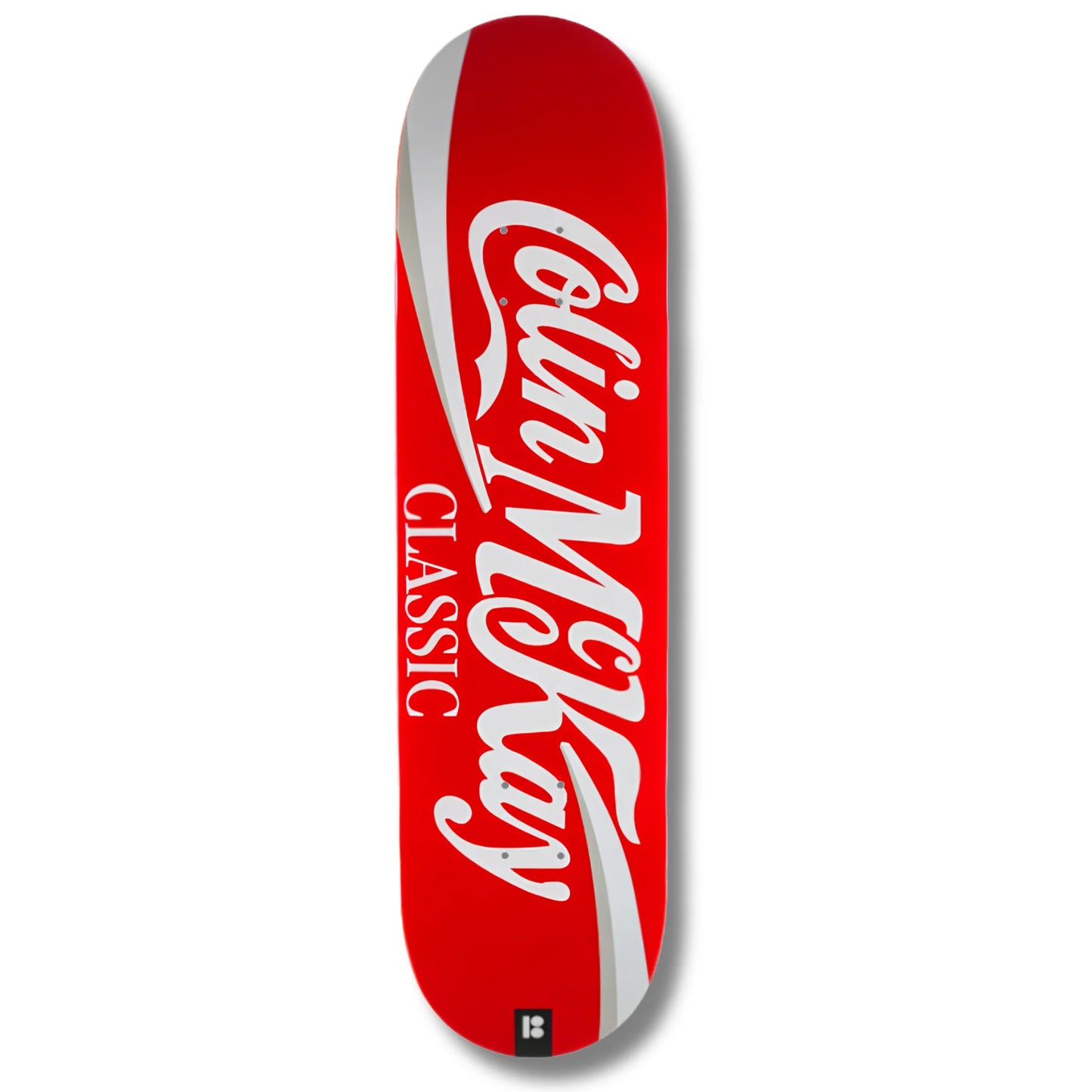 A skateboard deck featuring a red and white Coca-Cola Classic design, shown vertically against a plain white background.