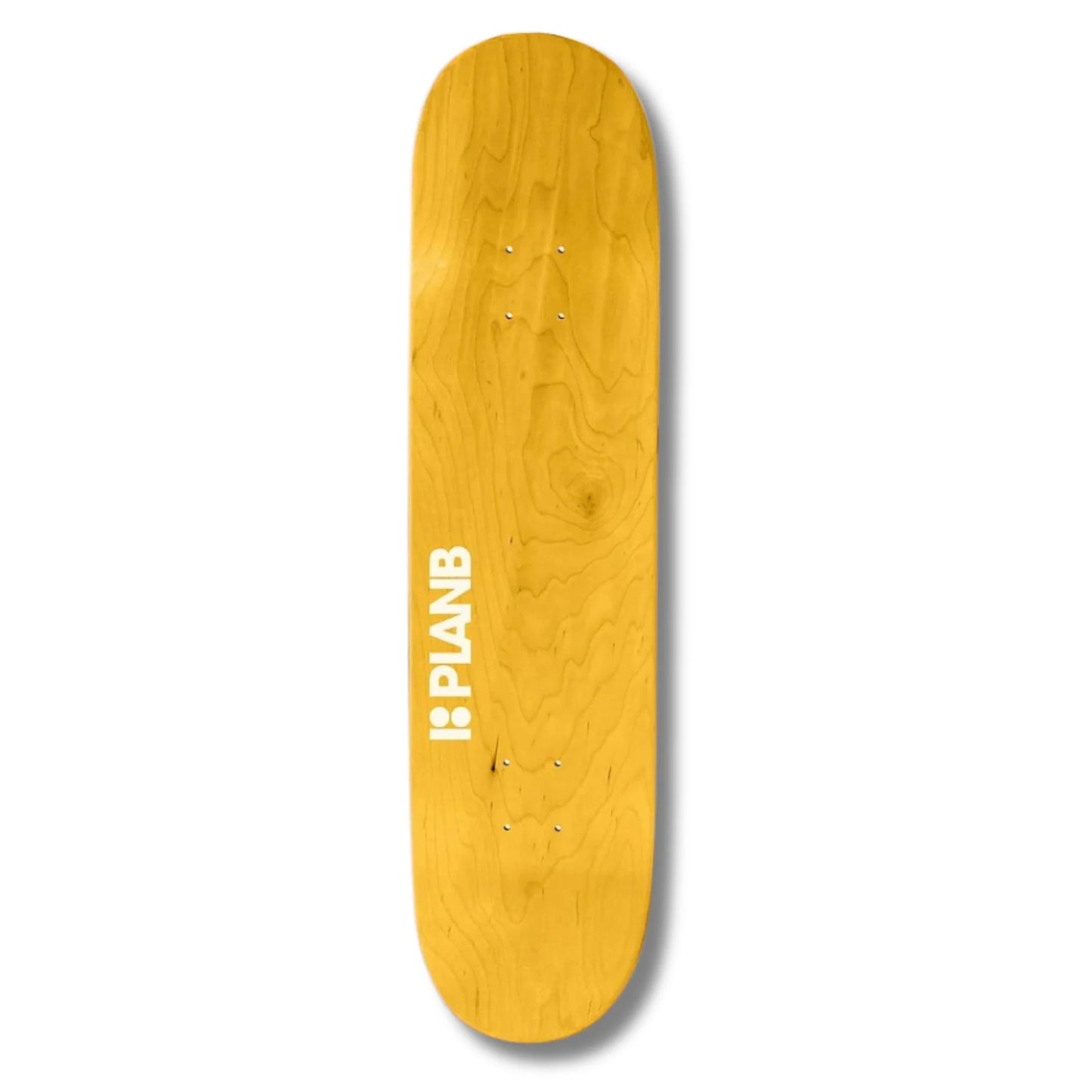 Yellow skateboard deck with 'PLANB' logo on a white background
