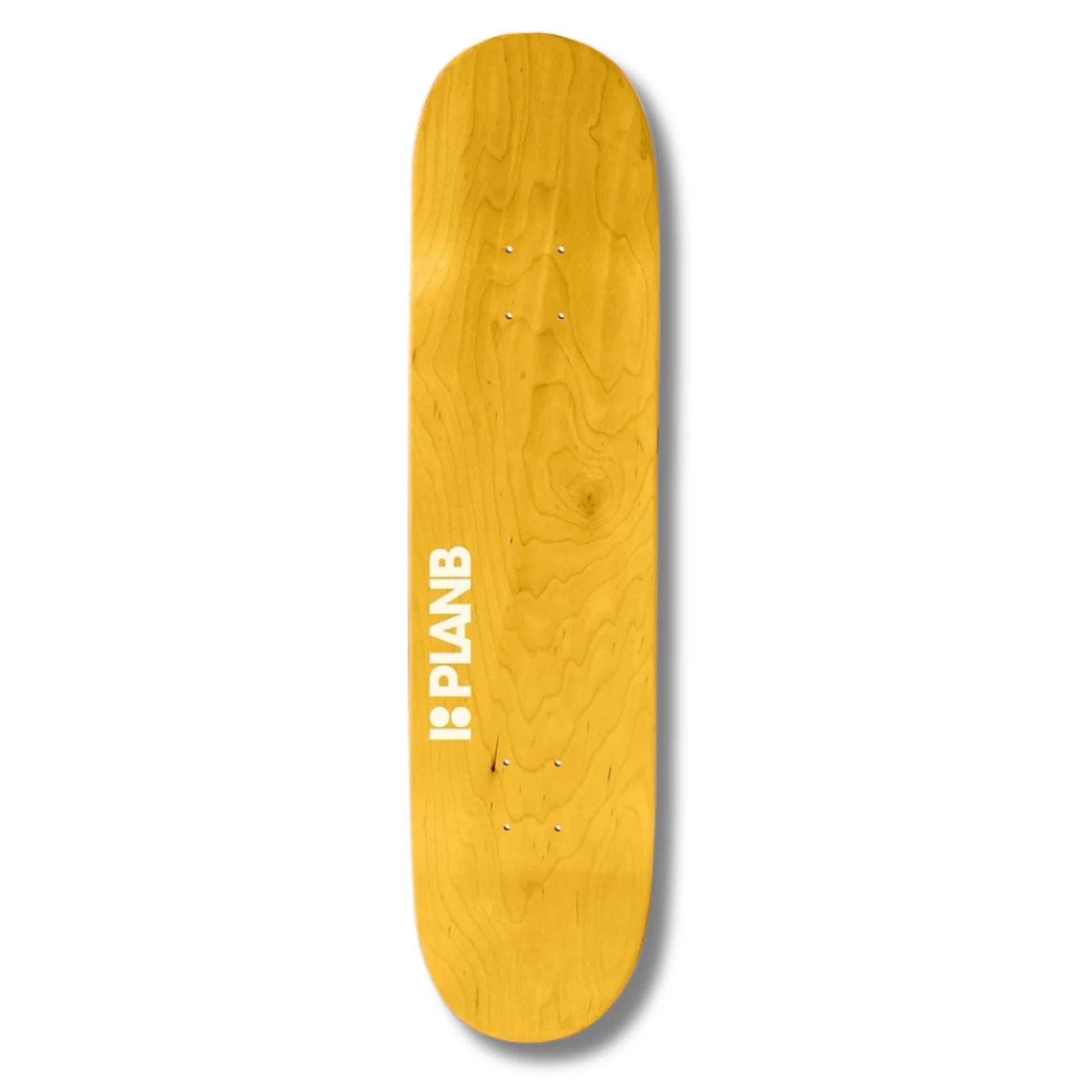 Yellow skateboard deck with 'PLANB' logo on a white background