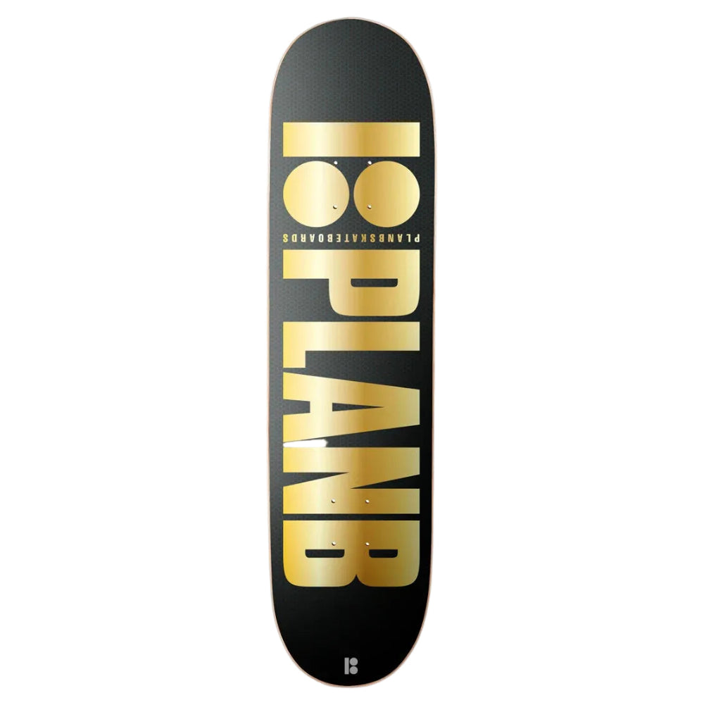 A skateboard deck shown vertically against a light gray background, featuring a black surface with large gold '10 PLANE' lettering and a small white '18' at the bottom.