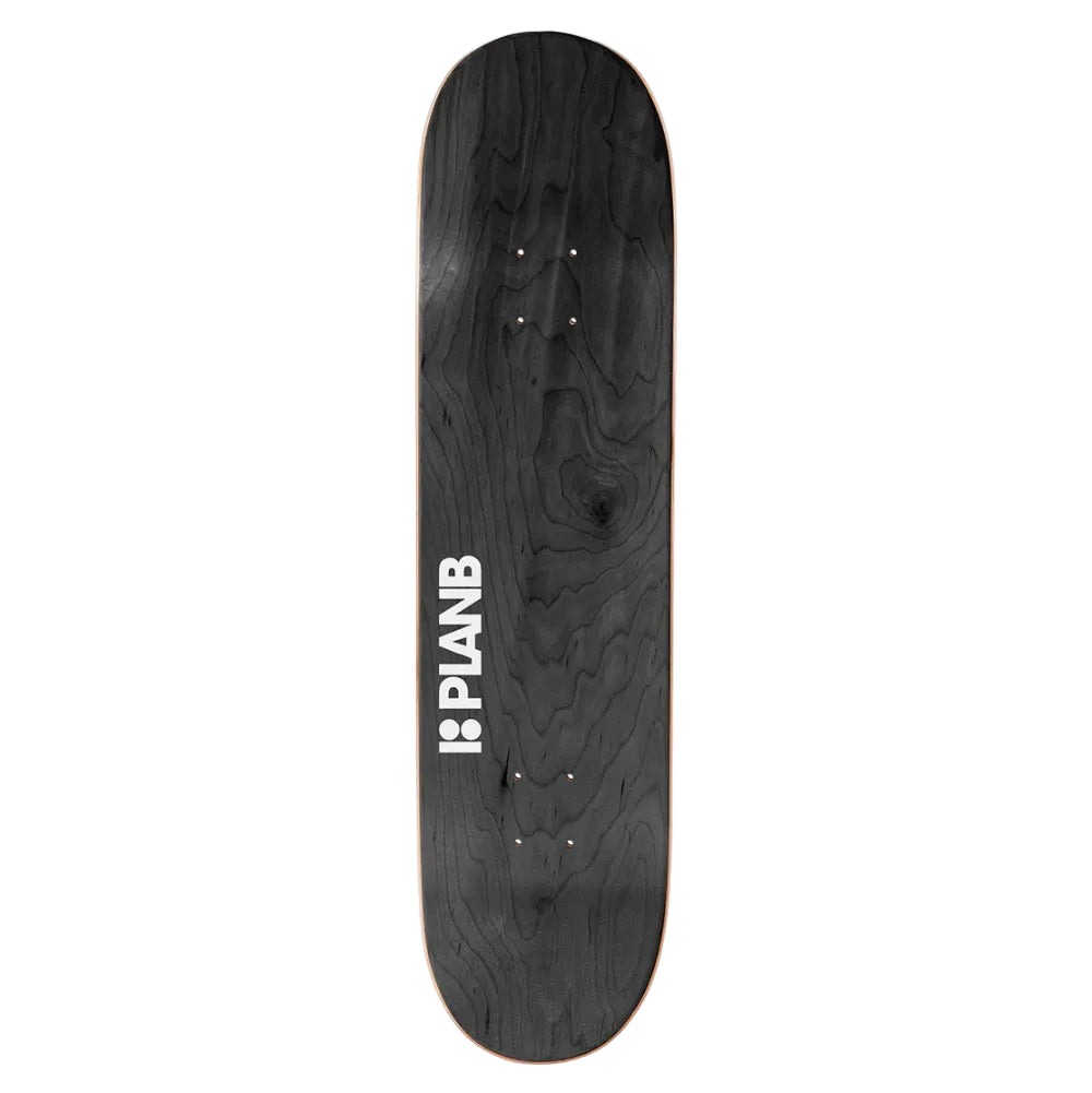 A black skateboard deck with a dark wood grain pattern and a white vertical 'PLANB' logo printed on the side, shown against a plain light gray background.