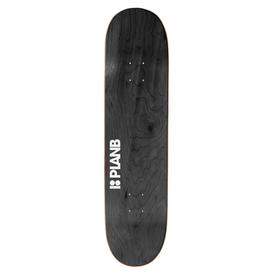 A black skateboard deck with a dark wood grain pattern and a white vertical 'PLANB' logo printed on the side, shown against a plain light gray background.