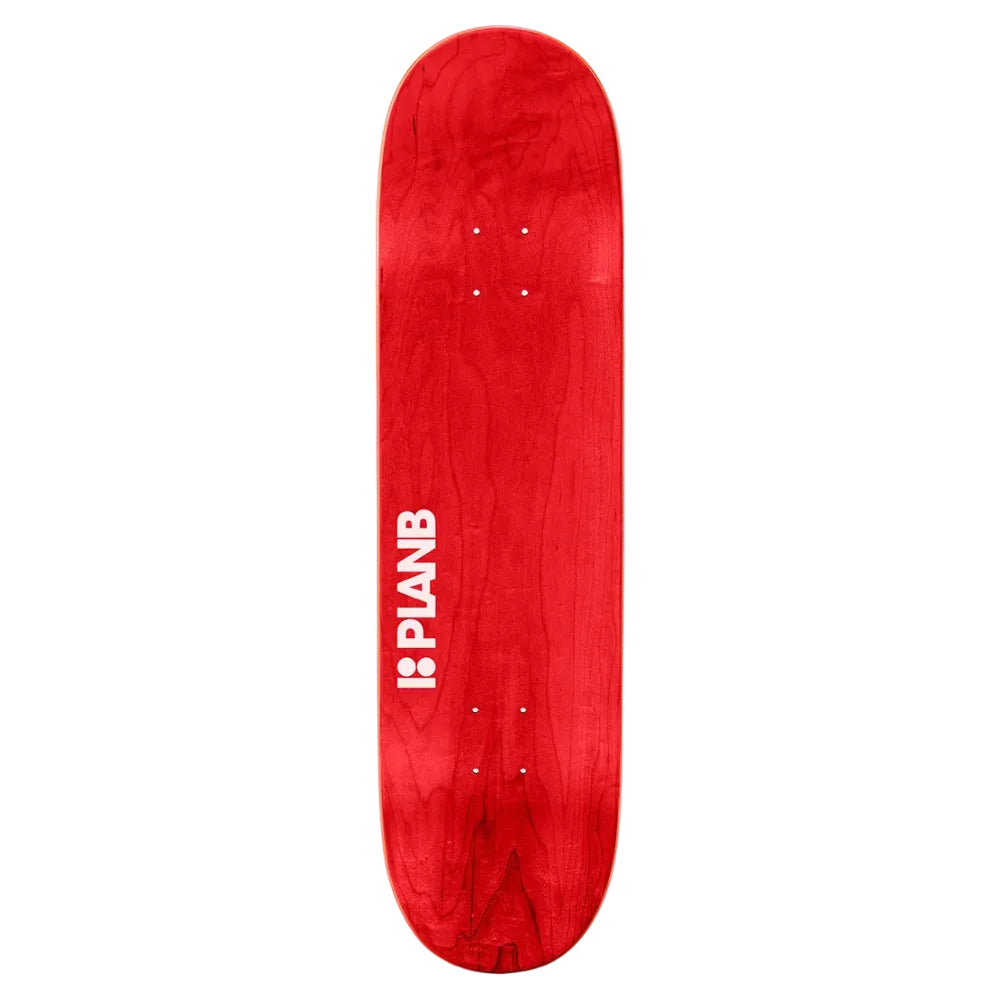 A red skateboard deck shown from the underside against a light gray background, featuring the white '1: PLANB' logo printed vertically on the side.