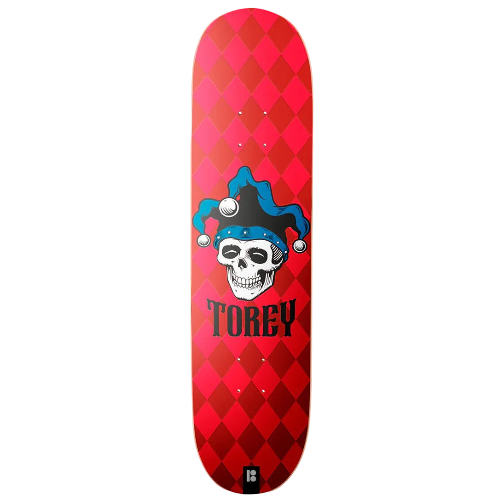 Skateboard deck with a red diamond pattern, skull with jester hat design, and 'Torey' branding on a white background.