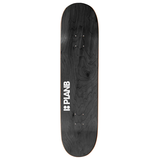 Black skateboard deck with 'PLANB' logo on a white background