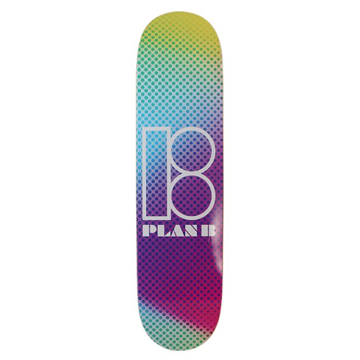 Colorful skateboard deck with 'Plan B' logo on a white background