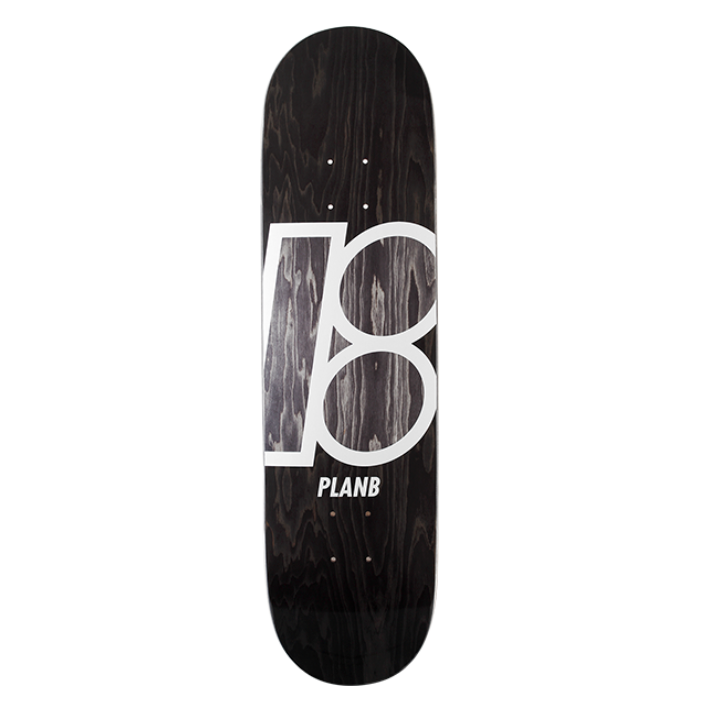 Skateboard deck with '18 Plans' branding on a white background