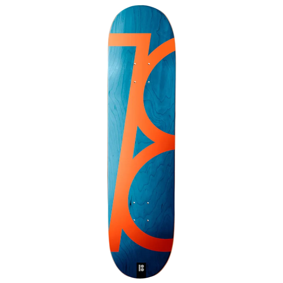 Blue and orange skateboard deck on a white background