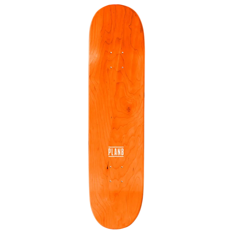 Orange skateboard deck with 'PLAN B' logo on a white background