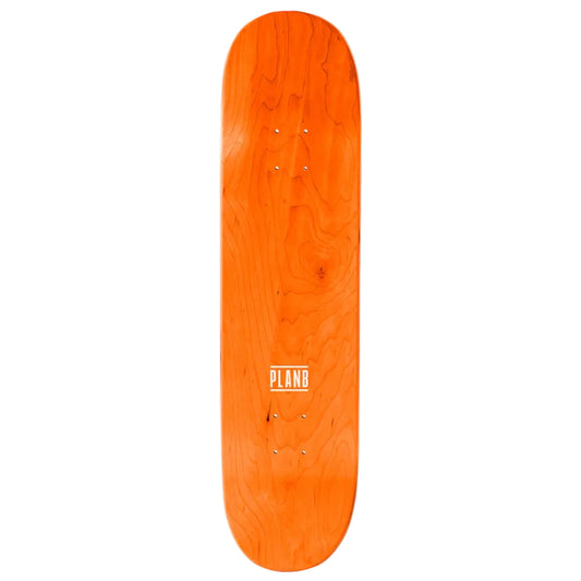 Orange skateboard deck with 'PLAN B' logo on a white background