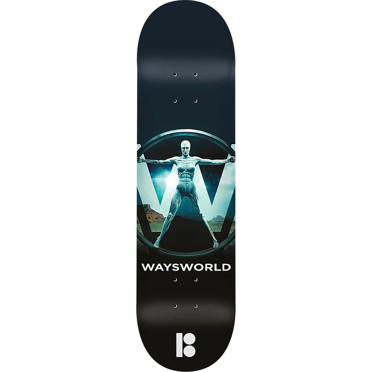 Skateboard deck with 'Waysworld' logo and design on a white background