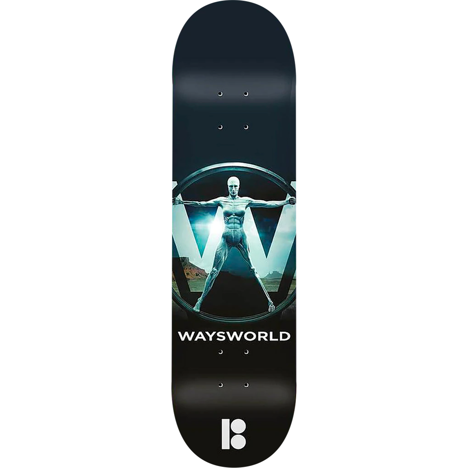 Skateboard deck with 'Waysworld' logo and design on a white background