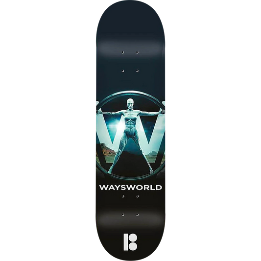 Skateboard deck with 'Waysworld' logo and design on a white background