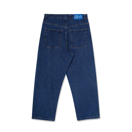 Blue denim jeans on a white background