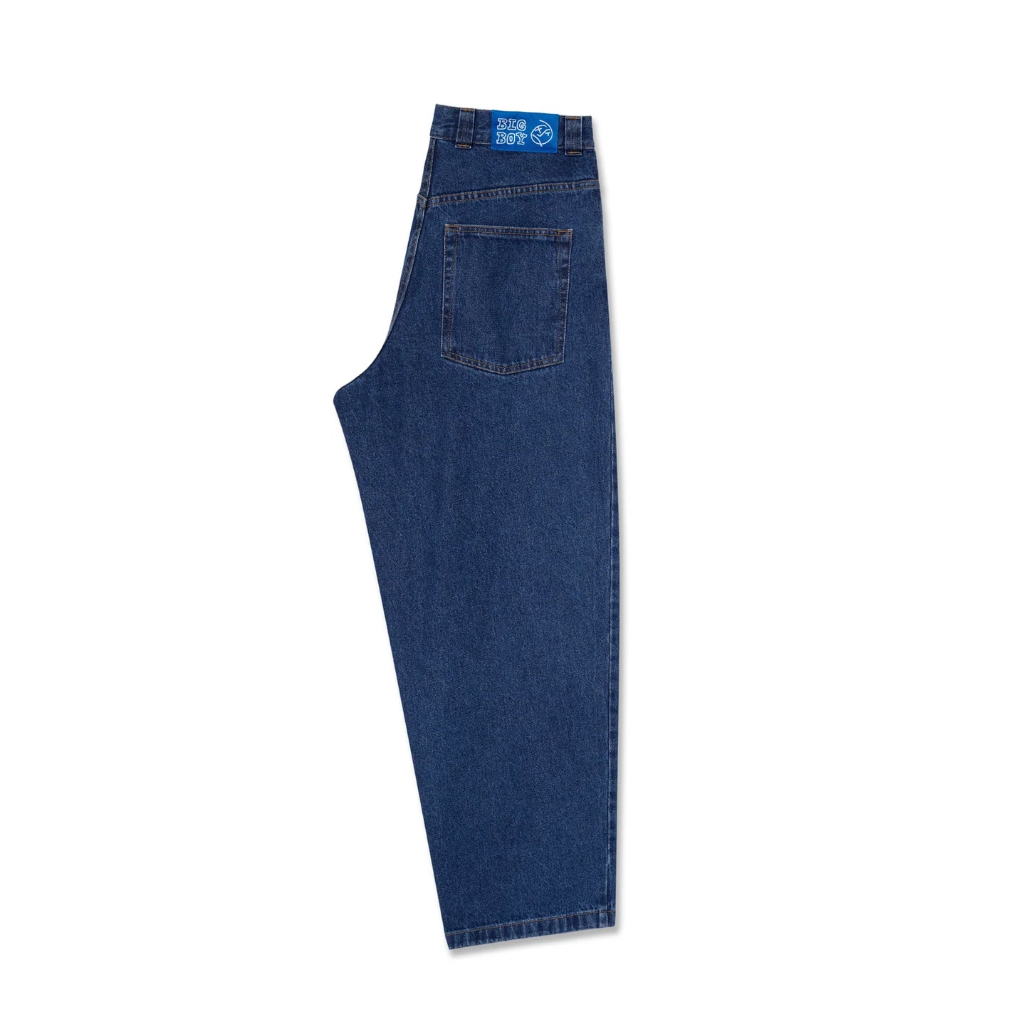 Blue jeans with a brand label on a white background