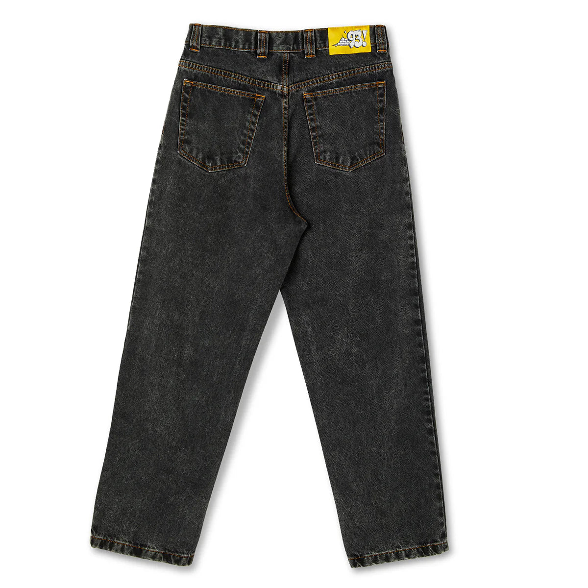 Black jeans with a brand label on a white background