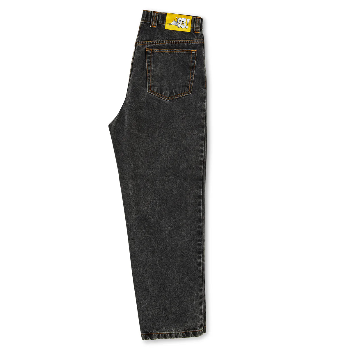 Black jeans with a brand label on a white background