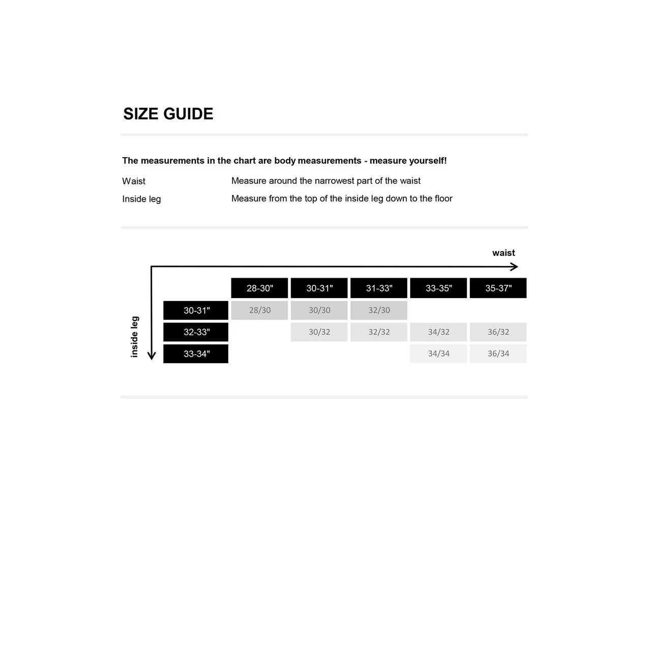 Size guide chart for waist and inside leg measurements on a white background