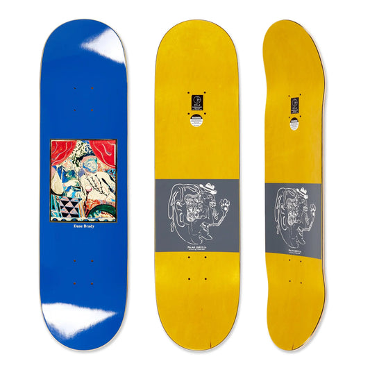 Three skateboard decks displayed side by side with artistic designs on a white background.