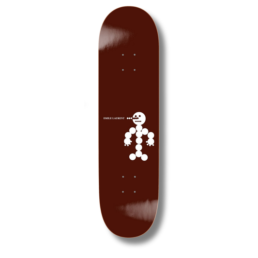 Skateboard deck with a white skeleton design on a brown background