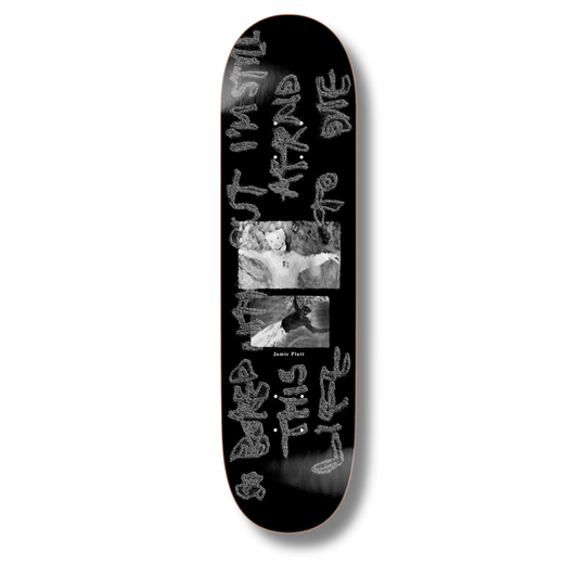 Skateboard deck with black and white graphics and text on a white background