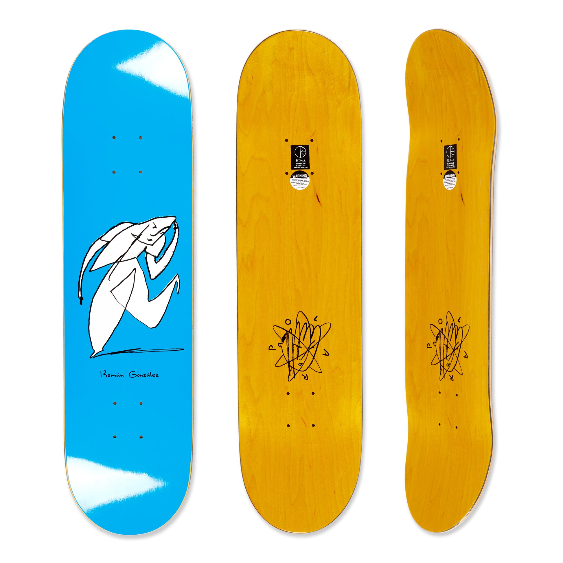 Three skateboard decks displayed side by side on a white background.