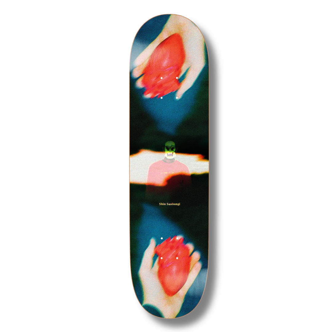 Skateboard deck with artistic design of hands holding a heart on a white background