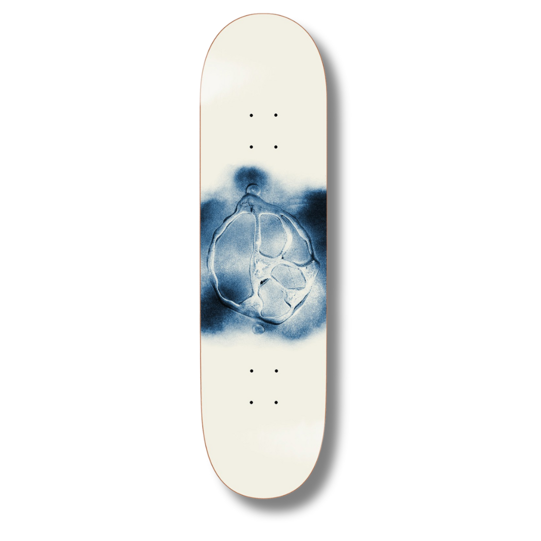 Skateboard deck with blue abstract design on a white background