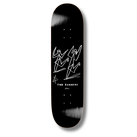Skateboard deck with 'Two Runners' design on a black background