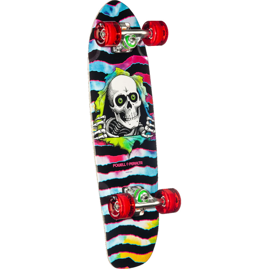 Colorful skateboard with a skull design on a white background