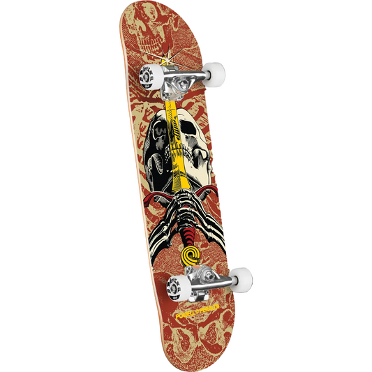 Skateboard with skull and crossbones design on a white background
