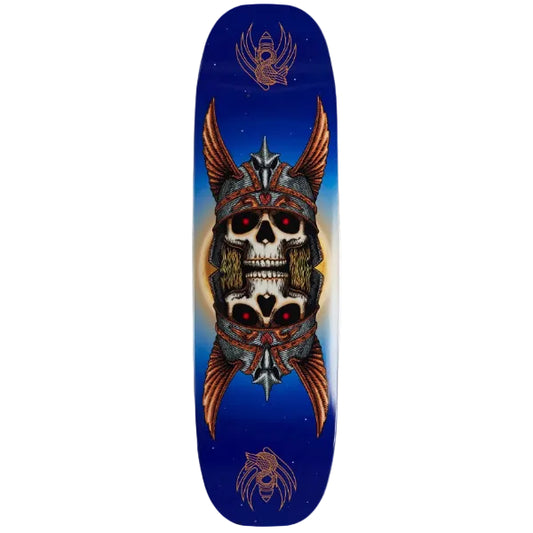 Skateboard deck with a skull wearing a helmet design on a blue background
