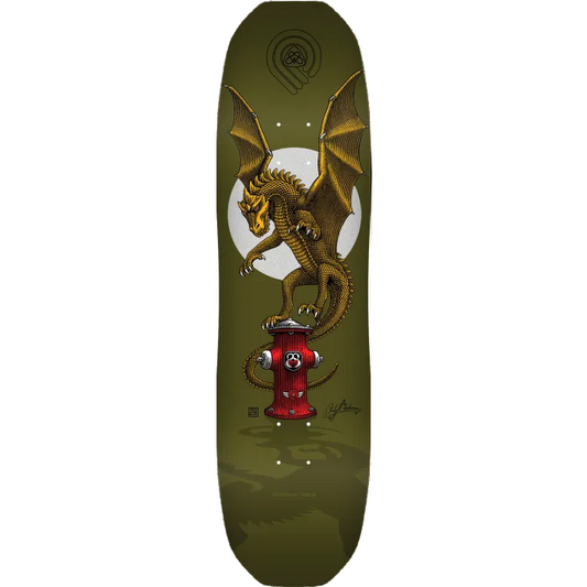 Skateboard deck with a dragon design on a green background