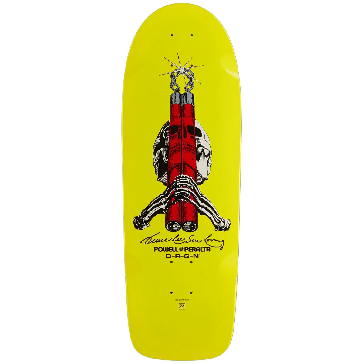 Skateboard deck with a red and black design on a yellow background