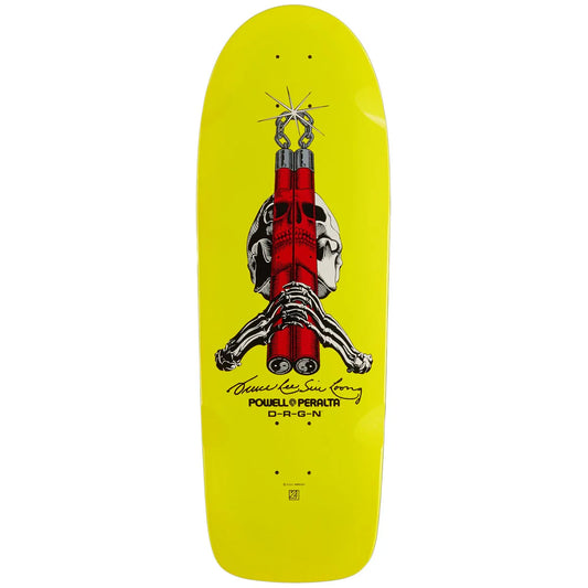 Skateboard deck with a red and black design on a yellow background