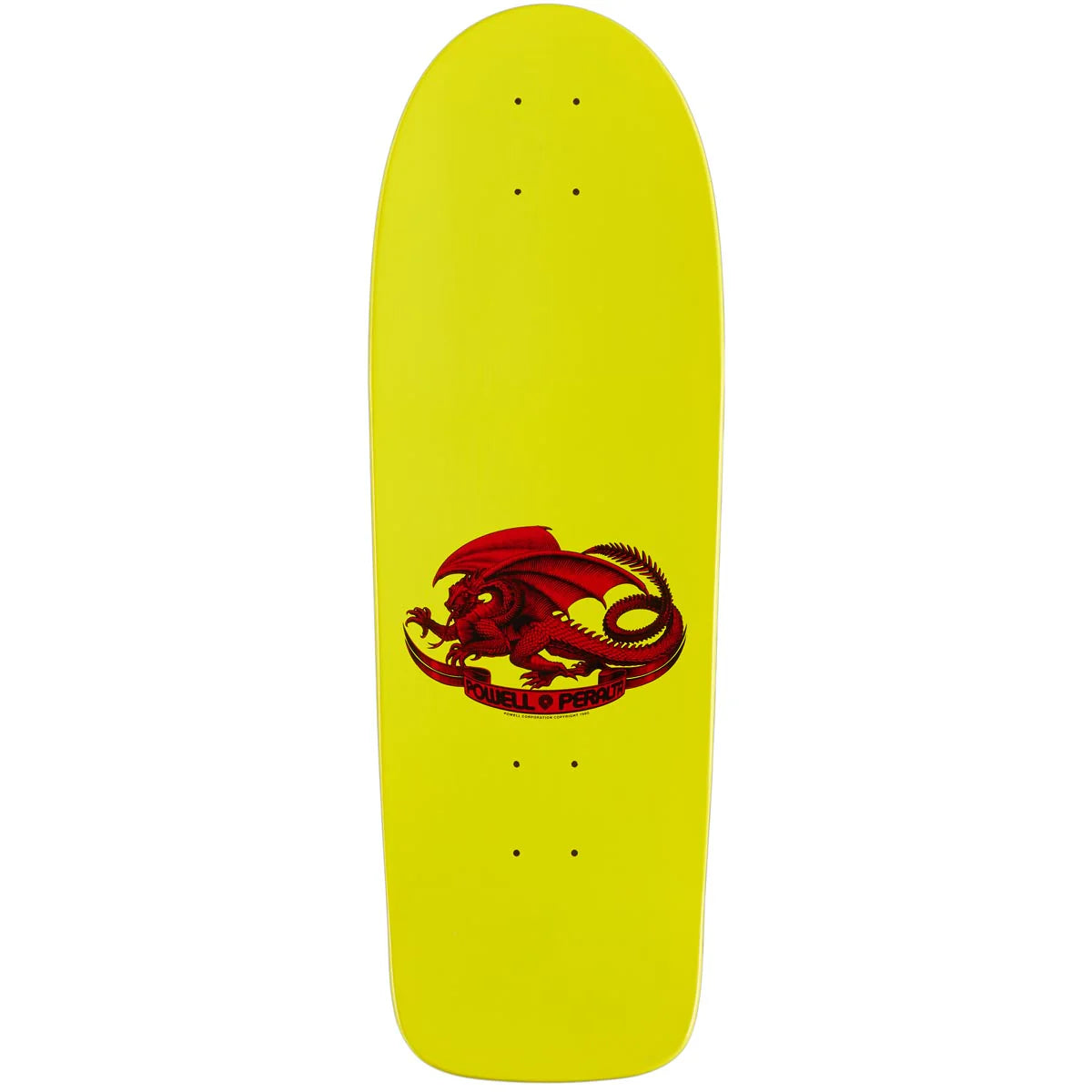 Yellow skateboard deck with a red dragon design on a white background