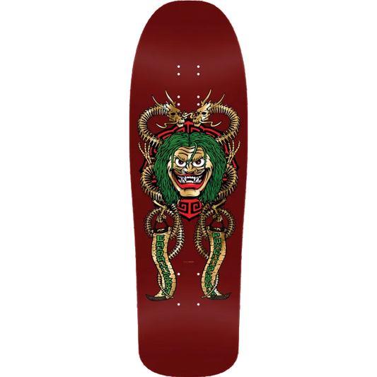 Skateboard deck with a dragon design on a red background