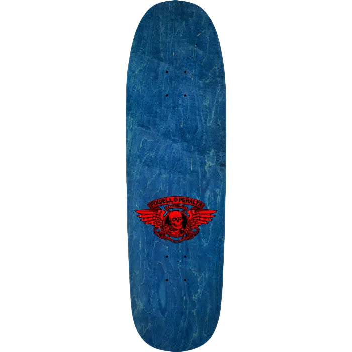 A blue skateboard deck with a red winged skull graphic and the words 'Wicked Pedals' printed near the tail, shown against a solid black background.