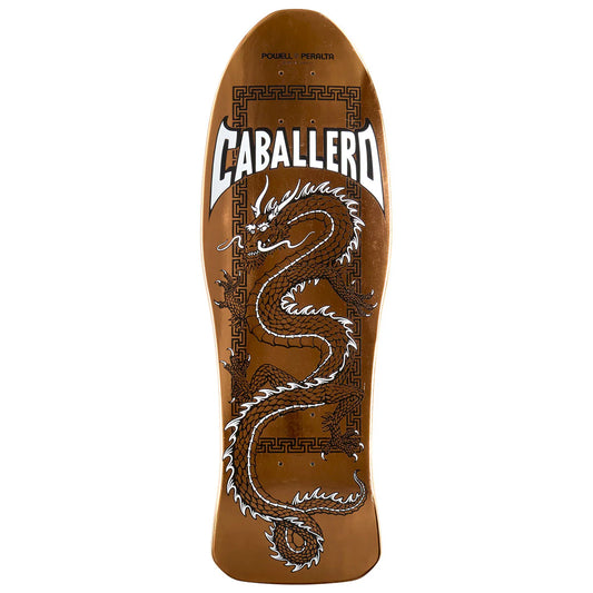Brown skateboard deck with snake design and 'Caballero' branding on a white background